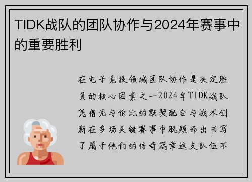 TIDK战队的团队协作与2024年赛事中的重要胜利